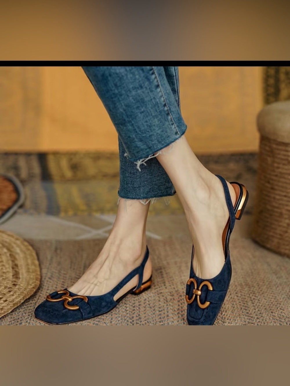Women’s Navy Blue Slingback Loafers with Gold Accent